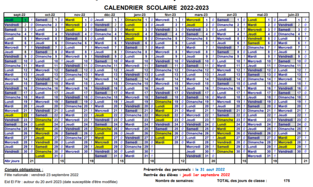 Calendrier scolaire 2022-2023