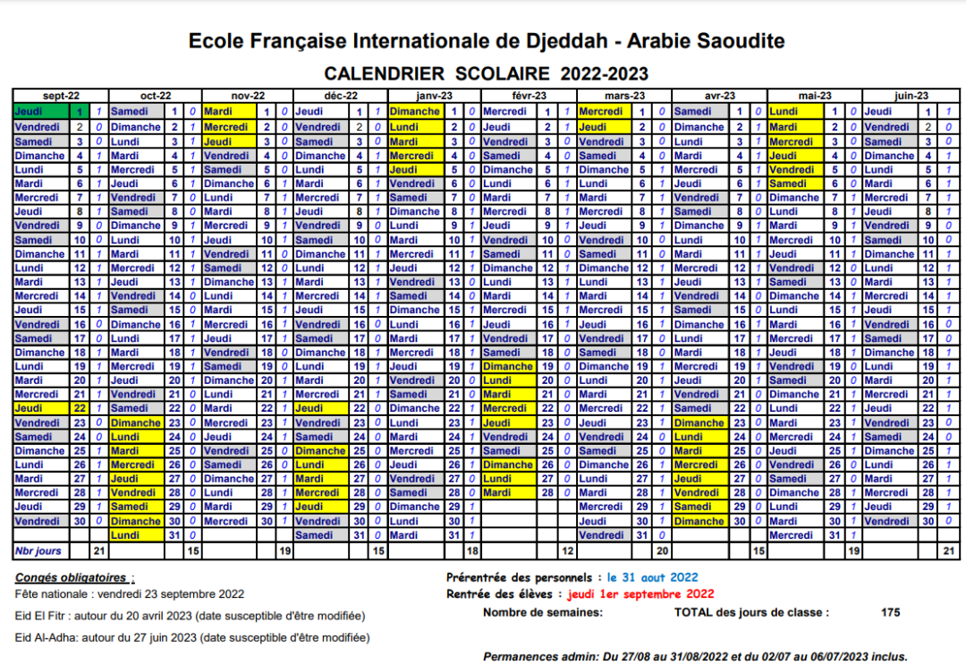 Calendrier Scolaire | ÉCOLE FRANCAISE INTERNATIONALE DE DJEDDAH