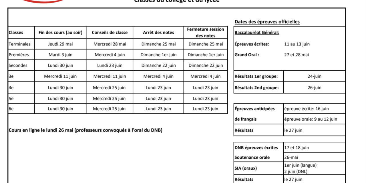 Calendrier de fin d’année 2024-2025 au collège et au lycée